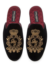 Velvet slippers with coat of arms embroidery - | Dolce & Gabbana