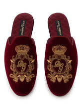 Velvet slippers with coat of arms embroidery - | Dolce & Gabbana