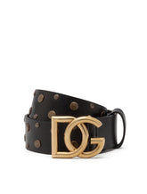 Leather belt with crossed DG logo and mixed stud embroidery - | Dolce & Gabbana