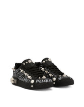 Printed calfskin Portofino sneakers with studs - | Dolce & Gabbana