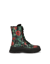 Calfskin combat boots with rose print - | Dolce & Gabbana