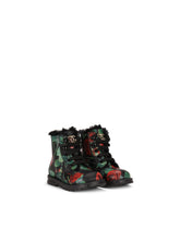 Calfskin combat boots with rose print - | Dolce & Gabbana