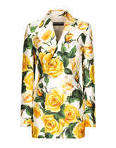 Double-breasted Turlington jacket in yellow rose-print mikado - | Dolce & Gabbana