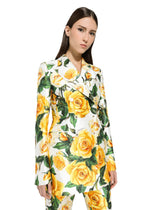 Double-breasted Turlington jacket in yellow rose-print mikado - | Dolce & Gabbana