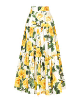 Long ruffled skirt in yellow rose-print cotton - | Dolce & Gabbana