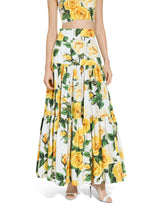 Long ruffled skirt in yellow rose-print cotton - | Dolce & Gabbana