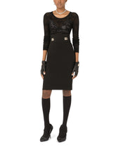 Sable slub midi skirt with crystal DG embellishment - | Dolce & Gabbana