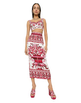 Majolica-print charmeuse calf-length skirt with slit - | Dolce & Gabbana