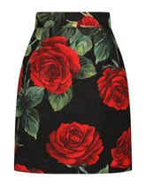 Brocade miniskirt with red rose print - | Dolce & Gabbana