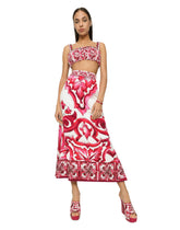 Majolica-print charmeuse calf-length skirt with slit - | Dolce & Gabbana