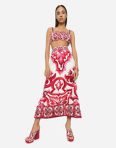 Majolica-print charmeuse calf-length skirt with slit - | Dolce & Gabbana