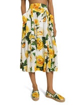 Circle skirt in yellow rose-print cotton - | Dolce & Gabbana