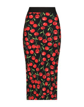 Technical jersey calf-length skirt with elasticated band with logo and cherry print - | Dolce & Gabbana