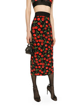 Technical jersey calf-length skirt with elasticated band with logo and cherry print - | Dolce & Gabbana