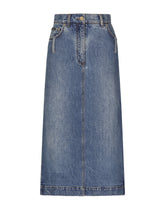 Denim calf-length skirt with logo tag - | Dolce & Gabbana