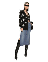 Denim calf-length skirt with logo tag - | Dolce & Gabbana