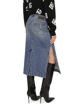Denim calf-length skirt with logo tag - | Dolce & Gabbana