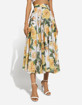 Sequined midi circle skirt with yellow rose print - | Dolce & Gabbana