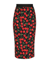 High-waisted charmeuse calf-length skirt with cherry print - | Dolce & Gabbana