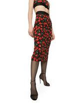 High-waisted charmeuse calf-length skirt with cherry print - | Dolce & Gabbana