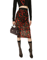 Cherry-print tulle midi skirt with branded elastic and draping - | Dolce & Gabbana