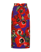 Charmeuse calf-length skirt with anemone print - | Dolce & Gabbana