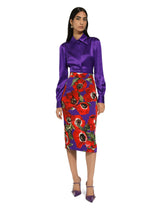 Charmeuse calf-length skirt with anemone print - | Dolce & Gabbana