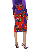 Charmeuse calf-length skirt with anemone print - | Dolce & Gabbana