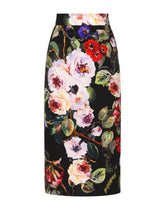 Charmeuse calf-length skirt with rose garden print - | Dolce & Gabbana