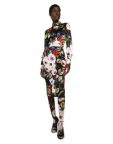Charmeuse calf-length skirt with rose garden print - | Dolce & Gabbana