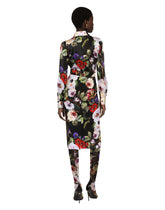 Charmeuse calf-length skirt with rose garden print - | Dolce & Gabbana