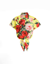Cotton pussy-bow shirt with bouquet print - | Dolce & Gabbana