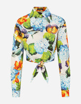 Hydrangea-print poplin shirt with tie - | Dolce & Gabbana