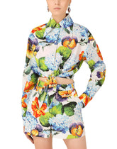 Hydrangea-print poplin shirt with tie - | Dolce & Gabbana