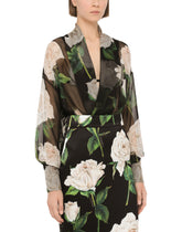 Chiffon shirt with white rose print - | Dolce & Gabbana