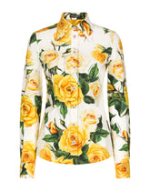Long-sleeved cotton shirt with yellow rose print - | Dolce & Gabbana
