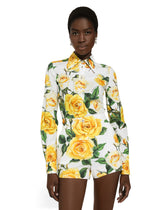 Long-sleeved cotton shirt with yellow rose print - | Dolce & Gabbana