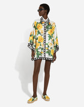 Oversize silk shirt with yellow rose print - | Dolce & Gabbana