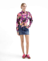 Cotton shirt with rose print bow - | Dolce & Gabbana