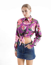 Cotton shirt with rose print bow - | Dolce & Gabbana