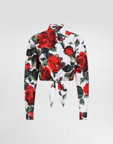 Cropped cotton pussy-bow shirt with rose print - | Dolce & Gabbana