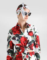 Cropped cotton pussy-bow shirt with rose print - | Dolce & Gabbana