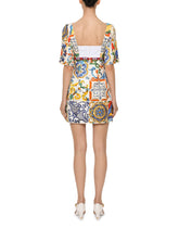 Dolce & Gabbana Short Dress In Elasticated Cotton And Silk With Majolicas Print - | Dolce & Gabbana
