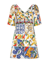 Dolce & Gabbana Short Dress In Elasticated Cotton And Silk With Majolicas Print - | Dolce & Gabbana