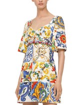 Dolce & Gabbana Short Dress In Elasticated Cotton And Silk With Majolicas Print - | Dolce & Gabbana