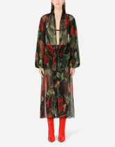 Chiffon calf-length dress with tie detail and rose print - | Dolce & Gabbana