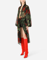 Chiffon calf-length dress with tie detail and rose print - | Dolce & Gabbana