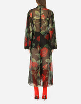 Chiffon calf-length dress with tie detail and rose print - | Dolce & Gabbana