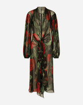 Chiffon calf-length dress with tie detail and rose print - | Dolce & Gabbana