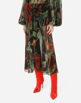 Chiffon calf-length dress with tie detail and rose print - | Dolce & Gabbana